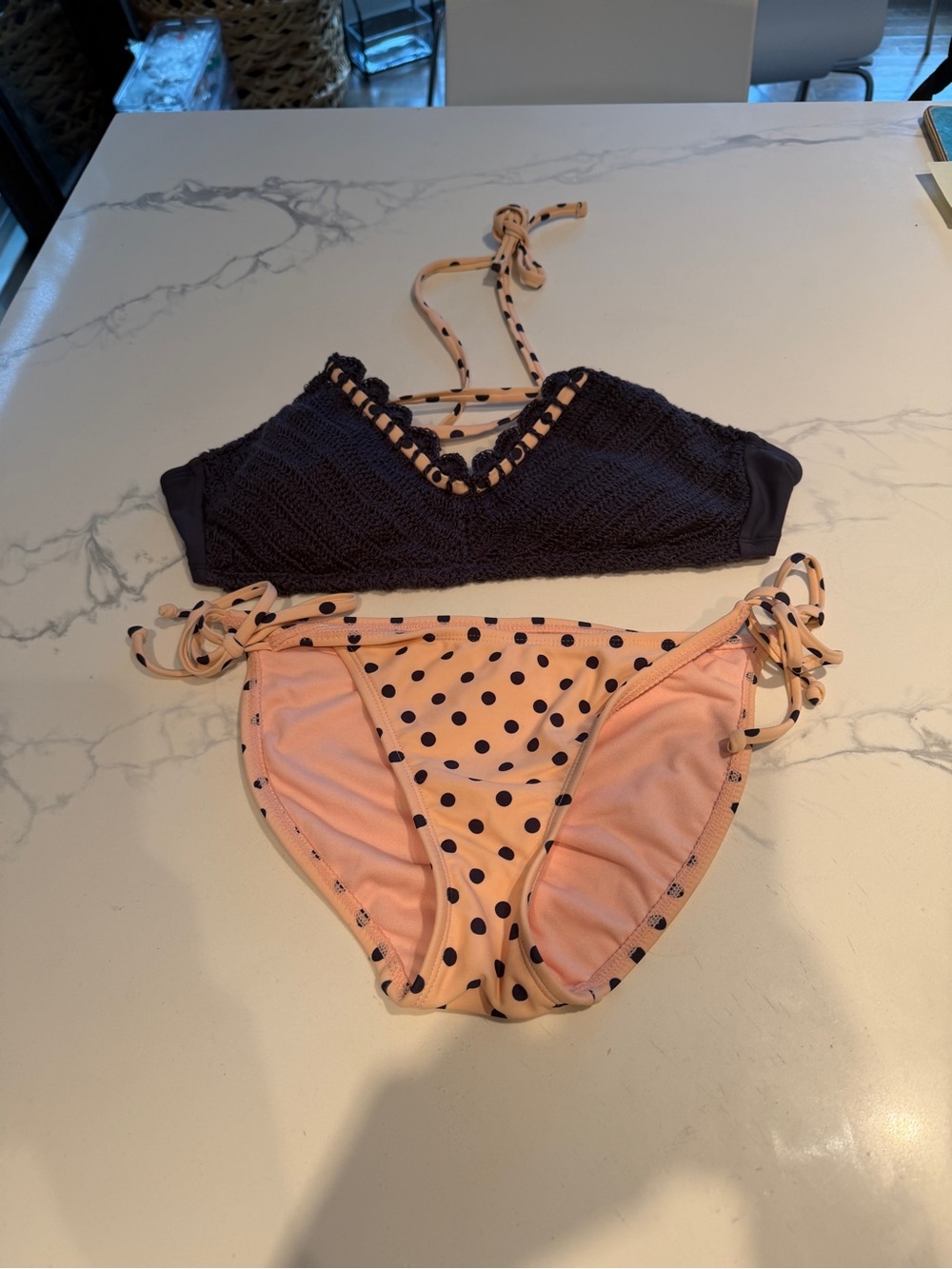 Xhilaration Navy Crochet Top with Peach Polka Dot Bottoms